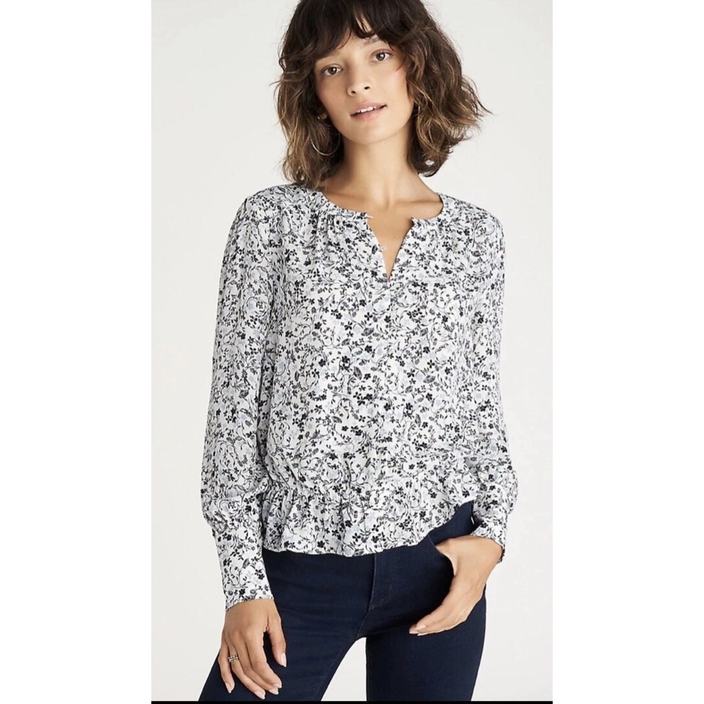 Ann Taylor Womens XXL Floral Smocked Peplum Blouse Long Sleeve Split Neck White